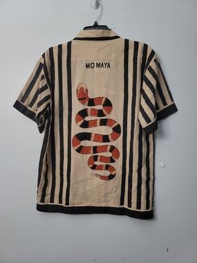 Mo Maya Striped Button-Up Shirt with Snake Graphic - Beige & Black